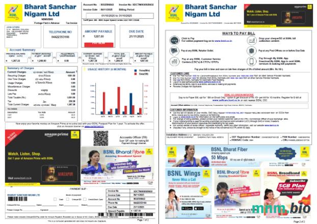 Indie Bharat Sanchar Nigam Ograniczony szablon rachunku za media w formatach Word i PDF, 2 strony